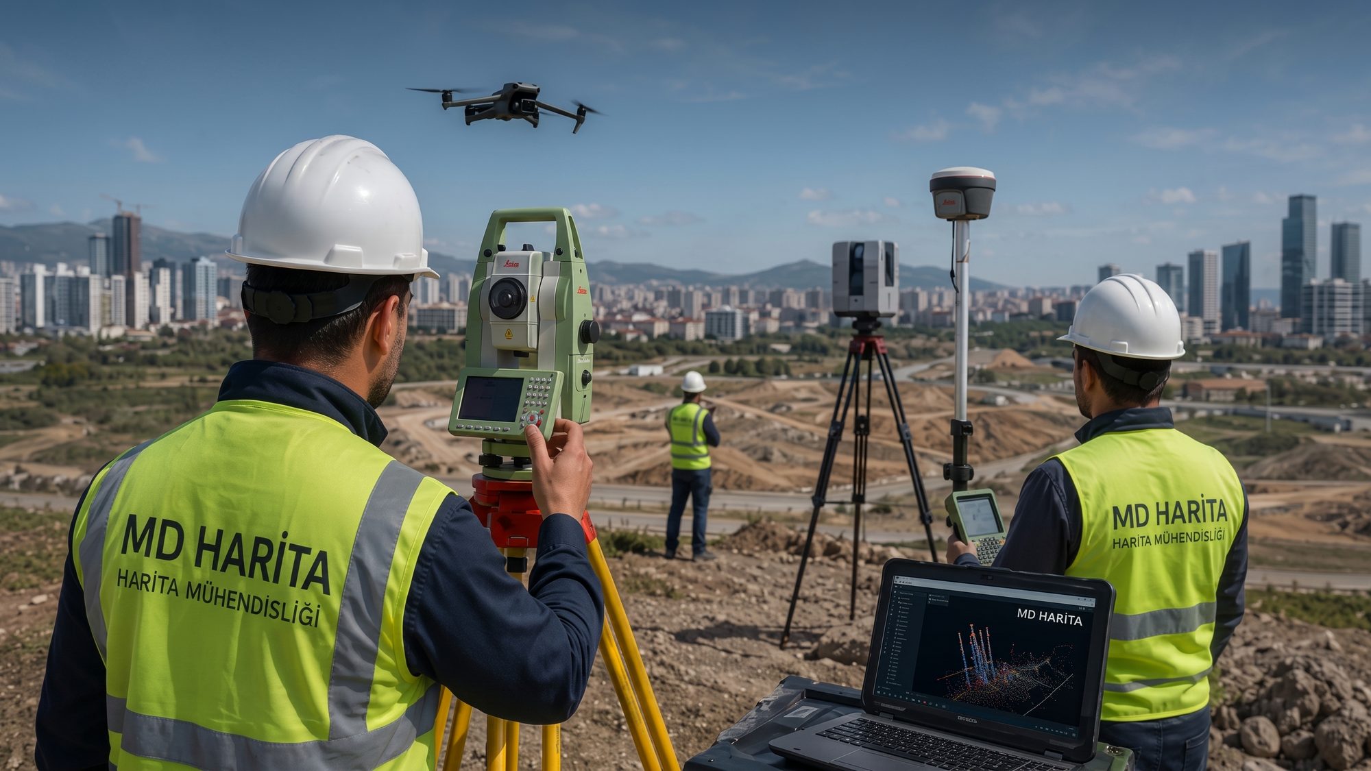 MD Harita ekibi sahada: total station, lazer tarayıcı, GNSS anteni ve drone ile ölçüm